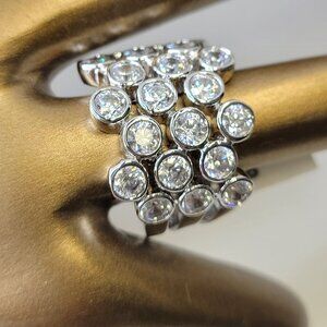 Clear Rhinestones Ring Size 9 Wide Band Silver Tone - Size 9